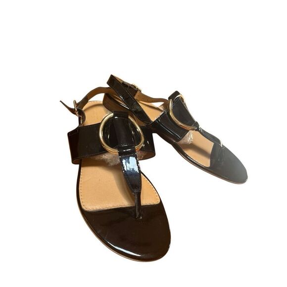 Coach & Four Women Sandals 8.5 Black Patent Leather Gold Ring Slingback Italy - Picture 9 of 10